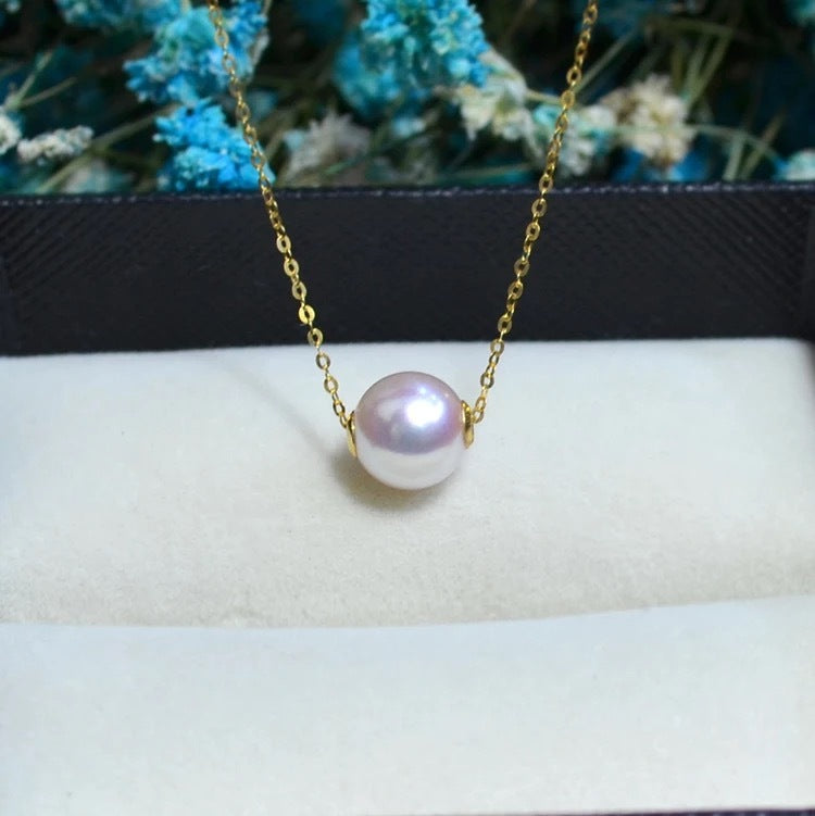 Road pass 18 K gold Akoya natural seawater pearl pendant necklace, clavicle containing 18K gold chain factory direct sales