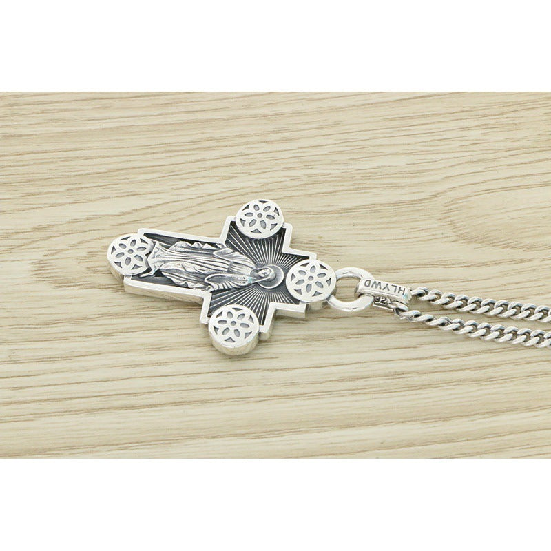 Sterling Silver Cherry Blossom Necklace Men's And Women's Vintage Cross Pendant