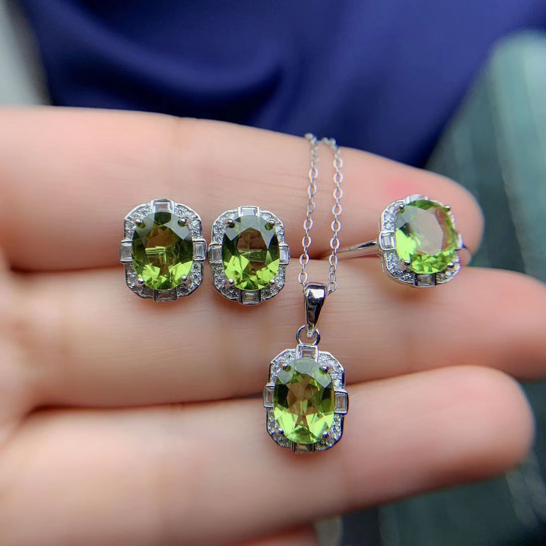 Natural Olivine Set 925 Silver Inlaid Rings Pendants Stud Earrings Three-piece Set