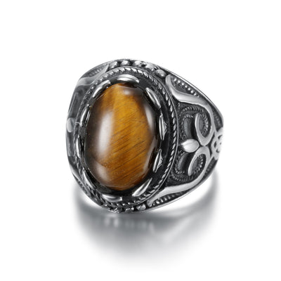 Men's Simple Oval Stainless Steel Gemstone Ring