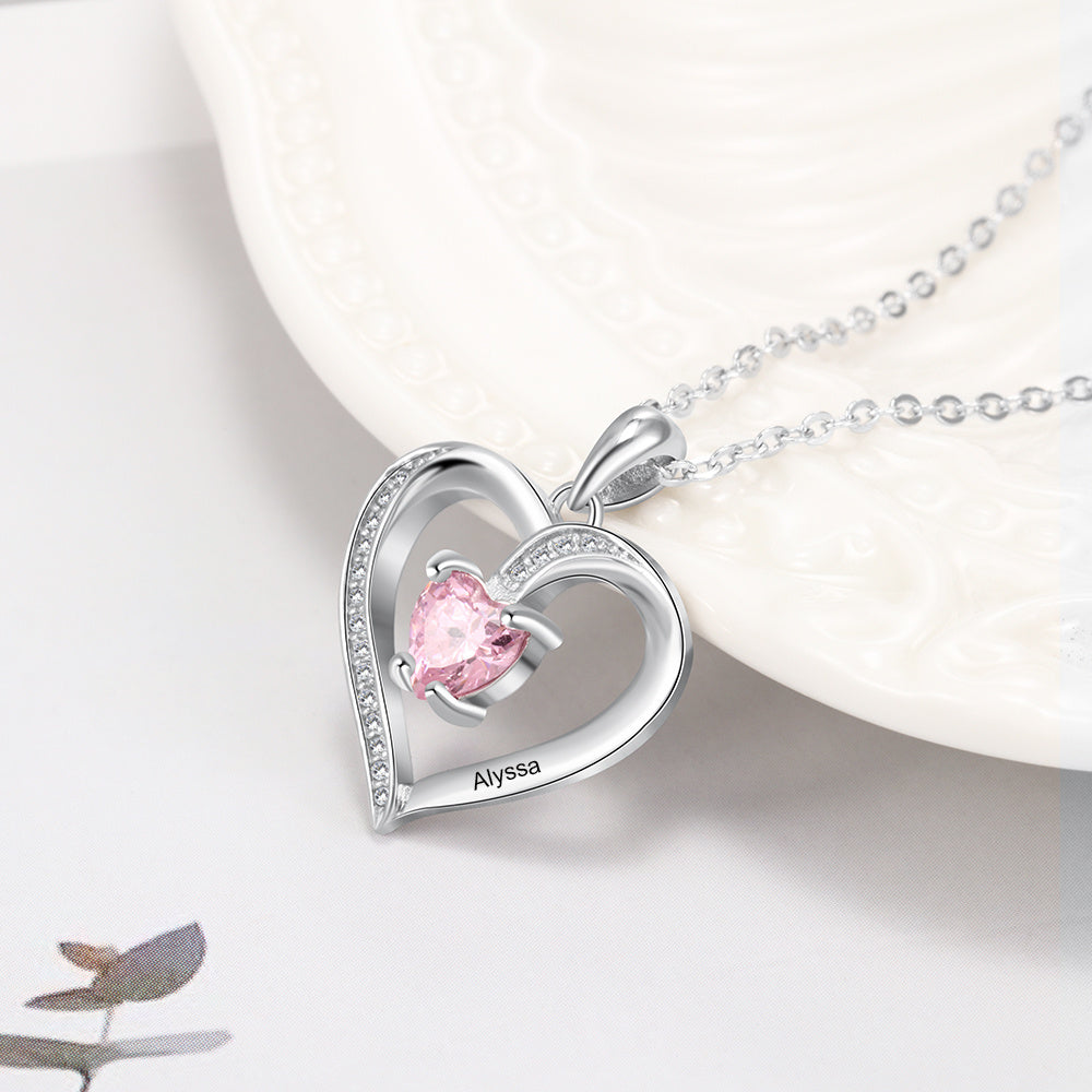 Personalized And Customizable Lettering Name Sterling Silver Heart-shaped Stone Necklace