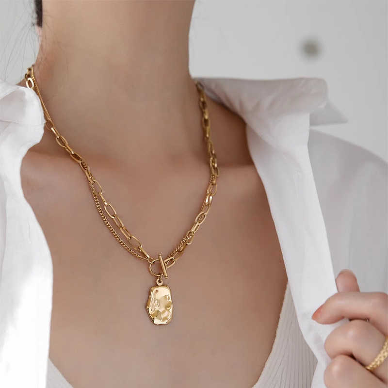 Special-shaped Oval Double-layer OT Buckle Long Twin Necklace