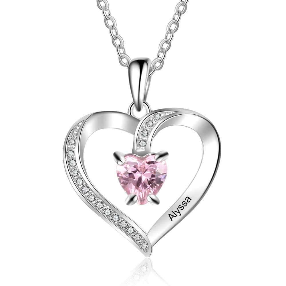 Personalized And Customizable Lettering Name Sterling Silver Heart-shaped Stone Necklace