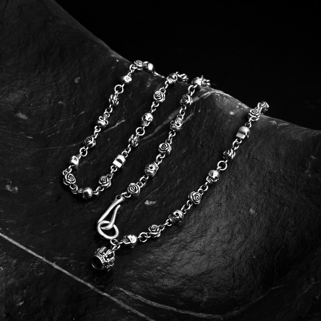 Silver S925 Sterling Silver Skull Necklace Vintage Thai Silver Rose Letter
