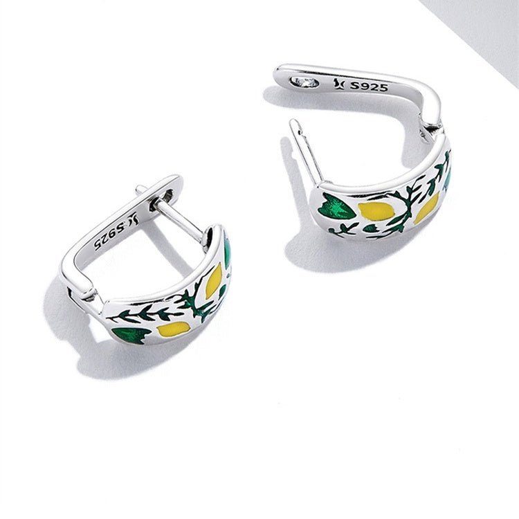 Green Leaf Lemon French Elegant S925 Silver Earrings
