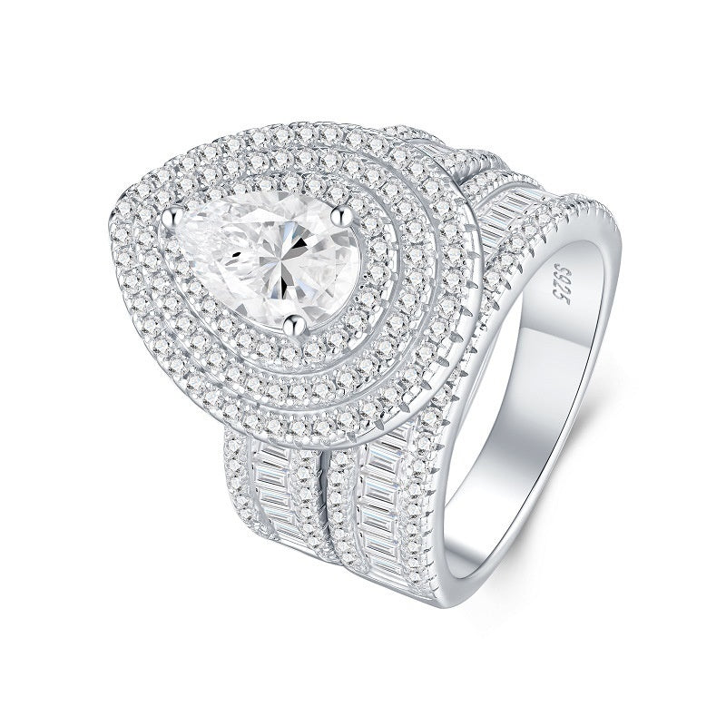 New Pear-shaped Full Inlaid Moissanite Two-layer Ring Suit