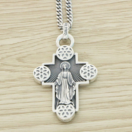 Sterling Silver Cherry Blossom Necklace Men's And Women's Vintage Cross Pendant