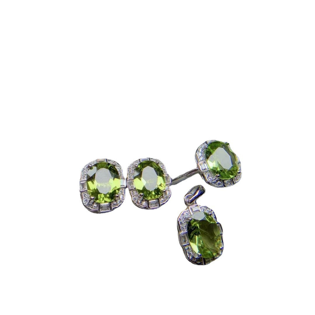 Natural Olivine Set 925 Silver Inlaid Rings Pendants Stud Earrings Three-piece Set