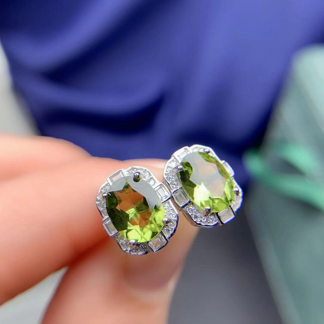 Natural Olivine Set 925 Silver Inlaid Rings Pendants Stud Earrings Three-piece Set