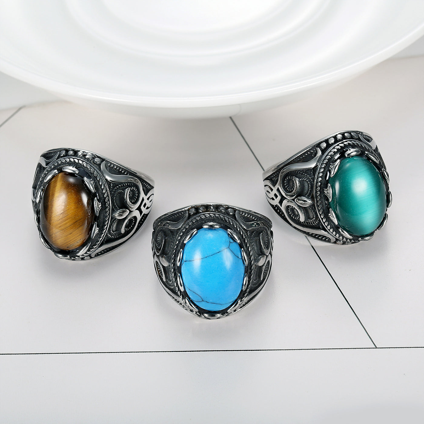 Men's Simple Oval Stainless Steel Gemstone Ring