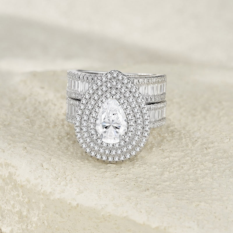 New Pear-shaped Full Inlaid Moissanite Two-layer Ring Suit
