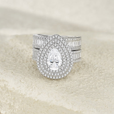 New Pear-shaped Full Inlaid Moissanite Two-layer Ring Suit