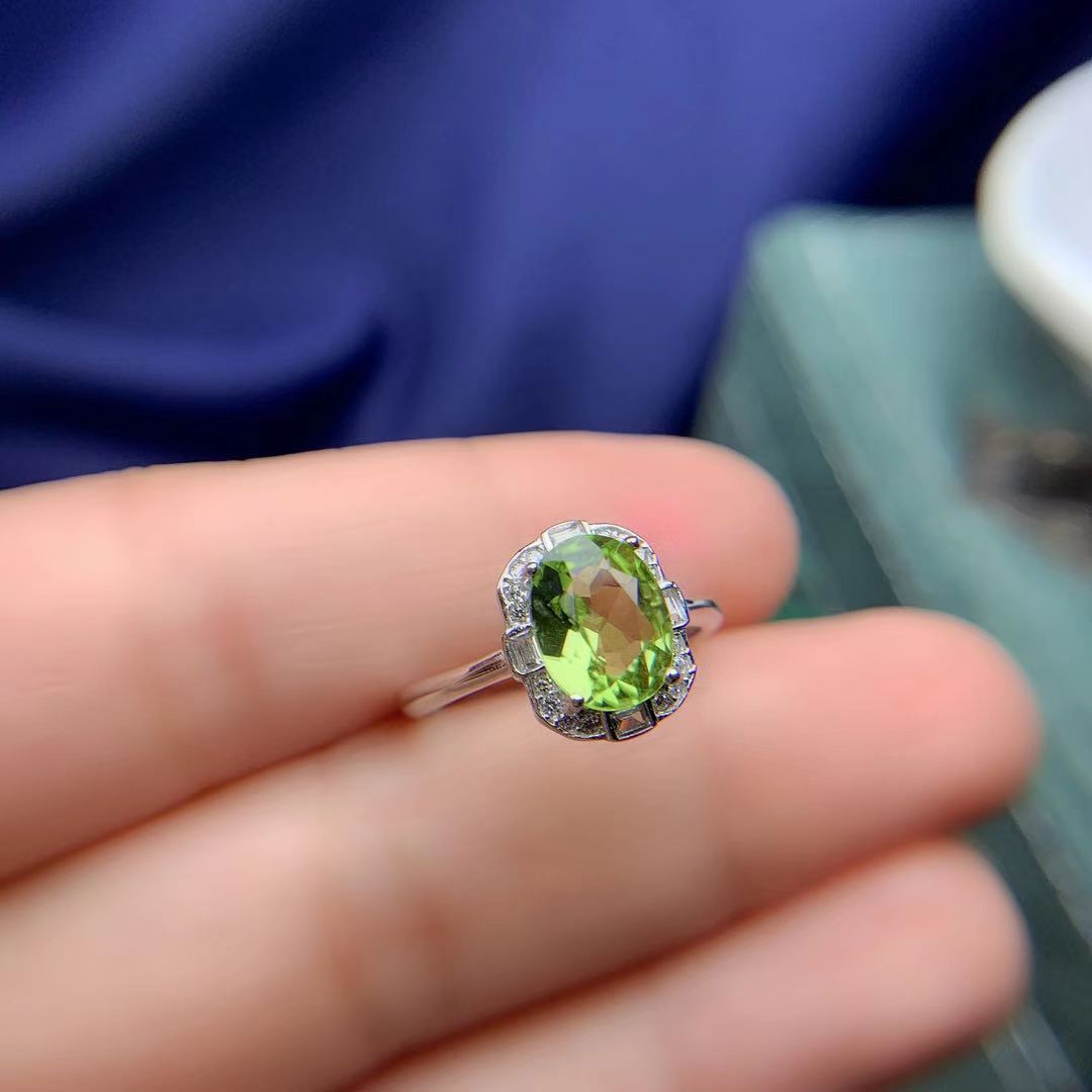 Natural Olivine Set 925 Silver Inlaid Rings Pendants Stud Earrings Three-piece Set