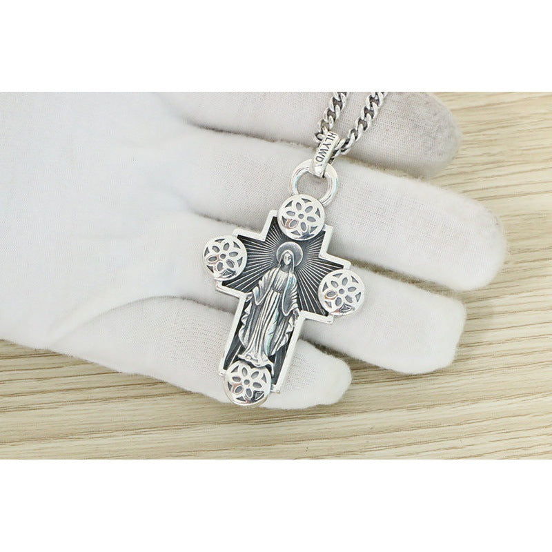 Sterling Silver Cherry Blossom Necklace Men's And Women's Vintage Cross Pendant