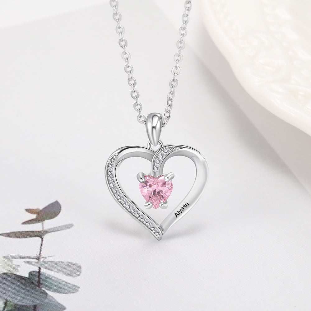 Personalized And Customizable Lettering Name Sterling Silver Heart-shaped Stone Necklace