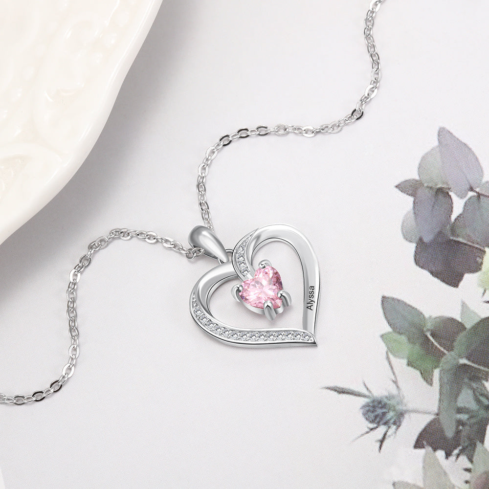 Personalized And Customizable Lettering Name Sterling Silver Heart-shaped Stone Necklace