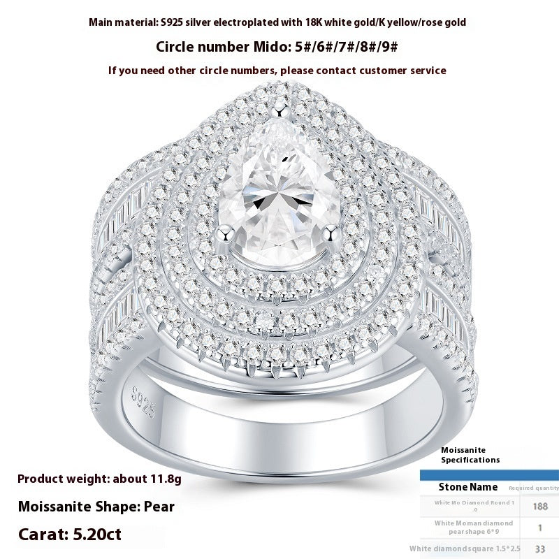 New Pear-shaped Full Inlaid Moissanite Two-layer Ring Suit